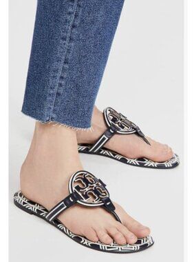 Tory Burch Miller Sandals Flip Flops Blue White Logo Medallion Thong Size 7.5
